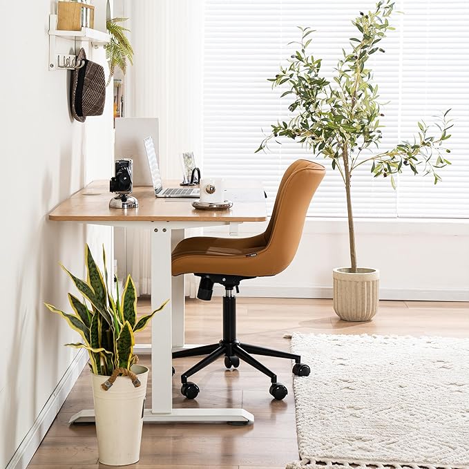YOUNIKE Armless Office Chair with Wheels Swivel Desk Chair Upholstered Leather Computer Task Chair Height Adjustable Modern Rolling Chair with Backrest Tan - LeafyLoom