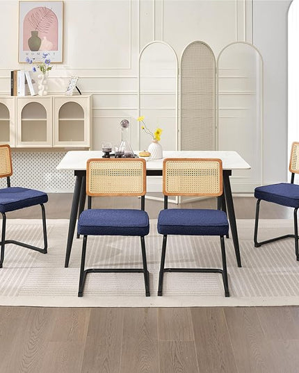 Rattan Dining Chairs Set of 2, Mid Century Modern Sherpa Dining Room Kitchen Chairs with Cane Back, Metal Chrome Legs, Upholstered Wicker Armless Accent Chairs, Blue - LeafyLoom