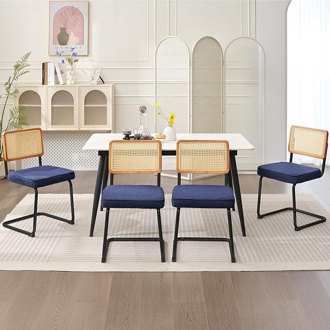 Rattan Dining Chairs Set of 2, Mid Century Modern Sherpa Dining Room Kitchen Chairs with Cane Back, Metal Chrome Legs, Upholstered Wicker Armless Accent Chairs, Blue - LeafyLoom