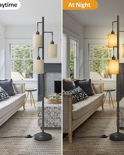3-Lights Boho Floor Lamps with ON/OFF Foot Switch Tree Standing Lamp with Hanging Lampshades Farmhouse Floor Lamp Tall Pole Lamp for Living Room Bedroom Office, 3 PCS 6W Bulbs Included - LeafyLoom
