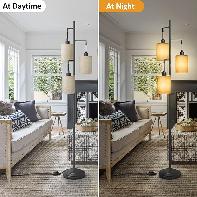3-Lights Boho Floor Lamps with ON/OFF Foot Switch Tree Standing Lamp with Hanging Lampshades Farmhouse Floor Lamp Tall Pole Lamp for Living Room Bedroom Office, 3 PCS 6W Bulbs Included - LeafyLoom