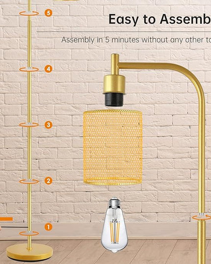 BoostArea Industrial Gold Floor Lamp, 67 Inch LED Standing Lamp with Iron Mesh Lampshade, 6W Brass Stand Up Lamp for Living Room, Bedroom, Office, Den - LeafyLoom