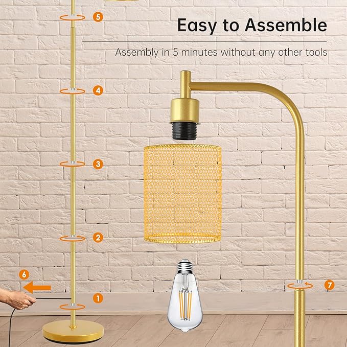BoostArea Industrial Gold Floor Lamp, 67 Inch LED Standing Lamp with Iron Mesh Lampshade, 6W Brass Stand Up Lamp for Living Room, Bedroom, Office, Den - LeafyLoom