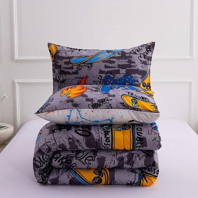 Btargot Gaming Stone Pattern Comforter Set for Boys Girls Kids, 3 Pieces Reversible Skateboard Game Console Flame Painting Bedding Set, Grey Twin - LeafyLoom