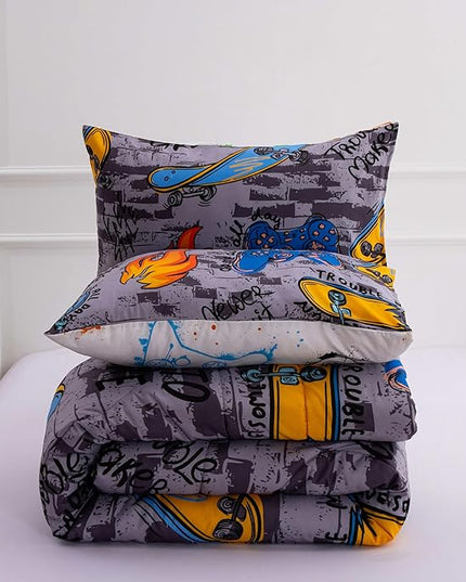 Btargot Gaming Stone Pattern Comforter Set for Boys Girls Kids, 3 Pieces Reversible Skateboard Game Console Flame Painting Bedding Set, Grey Full - LeafyLoom