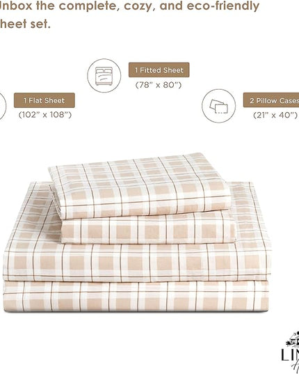 Linen Home Cotton Lyocell Blend Percale Printed Sheet Set, Pre-Washed & Shrunk, Cooling Bed Sheets, King Size, 4 Pieces - 1 Flat, 1 Deep Pocket Fitted Sheet, 2 Pillowcases, Checks Yellow - LeafyLoom