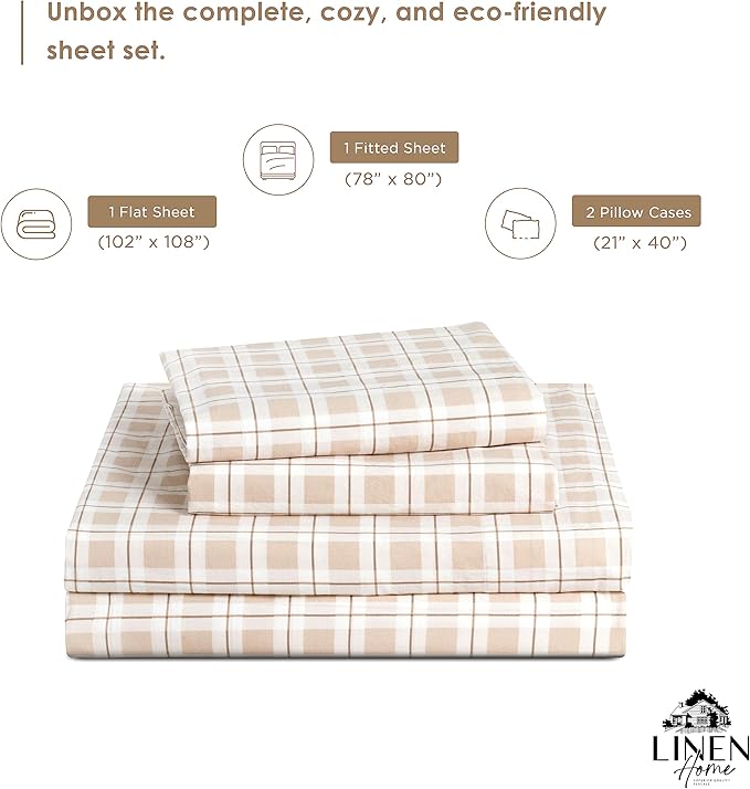 Linen Home Cotton Lyocell Blend Percale Printed Sheet Set, Pre-Washed & Shrunk, Cooling Bed Sheets, King Size, 4 Pieces - 1 Flat, 1 Deep Pocket Fitted Sheet, 2 Pillowcases, Checks Yellow - LeafyLoom