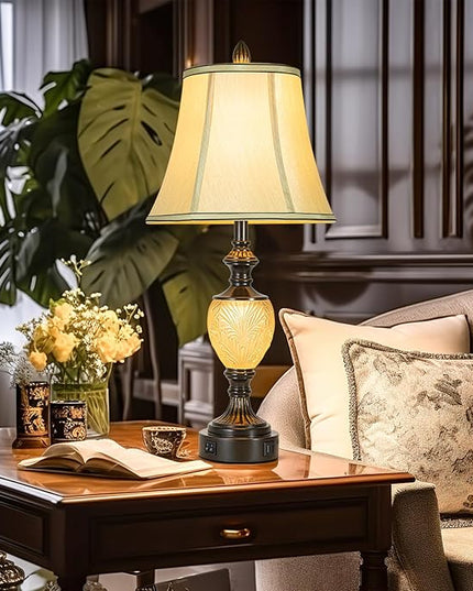 27'' High Vintage Table Lamp Set of 2 for Living Room Farmhouse Bedside Lamp with Fabric Shades Boho Nightstand Lamp with USB and Nightlight for Bedroom Home Office Hotel Bar (Led Bulb Included) - LeafyLoom