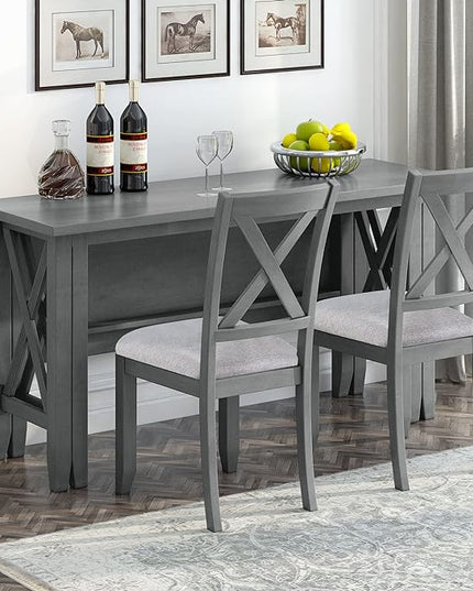 Dining Table Set for 6, 6-Piece Foldable Dining Room Set, Solid Wood Foldable Table and 4 Chairs with Bench for Dining Room, Living Room, Grey - LeafyLoom
