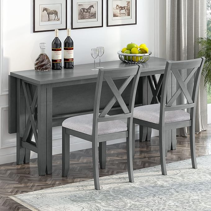 Dining Table Set for 6, 6-Piece Foldable Dining Room Set, Solid Wood Foldable Table and 4 Chairs with Bench for Dining Room, Living Room, Grey - LeafyLoom