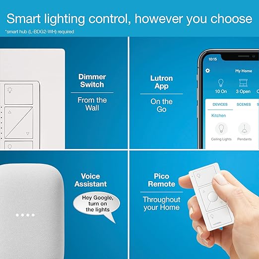 Lutron Caseta Smart Lighting Original Dimmer Switch (Lutron Smart Hub Required), for Light Bulbs, 150 Watt, Single-Pole/3-Way, No Neutral Required, PD-6WCL-WH, White Lutron