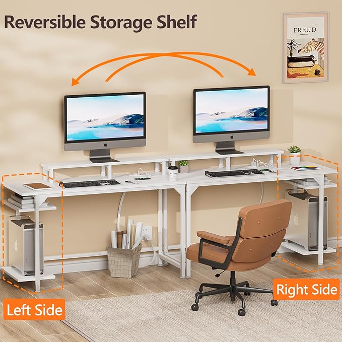 Furologee White Desk with Power Outlets and LED Lights, 47" Office Gaming Desk with Shelves and Fabric Drawer, Reversible Study Table with Monitor Stand and Hooks - LeafyLoom