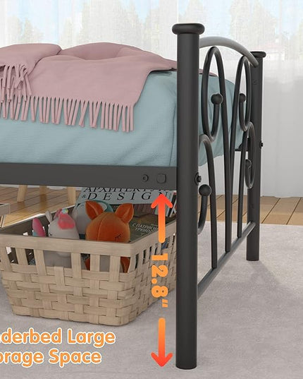 Timy Kids Twin Bed Frame with Headboard and Footboard, Metal Platform Bed Frame with 12 Inch Storage Space for Boys Girls Teens Adults, No Box Spring Needed, Black - LeafyLoom