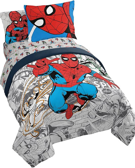 Marvel Spiderman Spidey VS 5 Piece Twin Size Bed Set - includes Comforter & Sheet Set Bedding - Super Soft Fade Resistant Microfiber (Official Product) - LeafyLoom