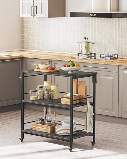 HOOBRO Kitchen Island with Storage,Industrial Kitchen Island on Wheels and Side Enclosures, 3 Tier Kitchen Cart with Large Workstation, Stable, Easy Assembly, Charcoal Gray and Black BC03ZD01 - LeafyLoom