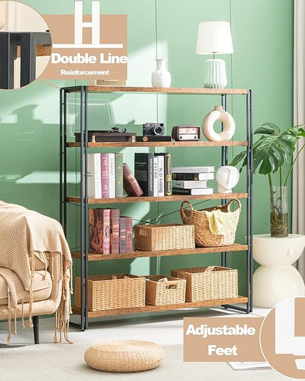 HCHQHS Bookshelf, 5-Tier Industrial Bookcase, Rustic Open Book Shelf, Freestanding Tall Bookshelves with Metal Frame - LeafyLoom