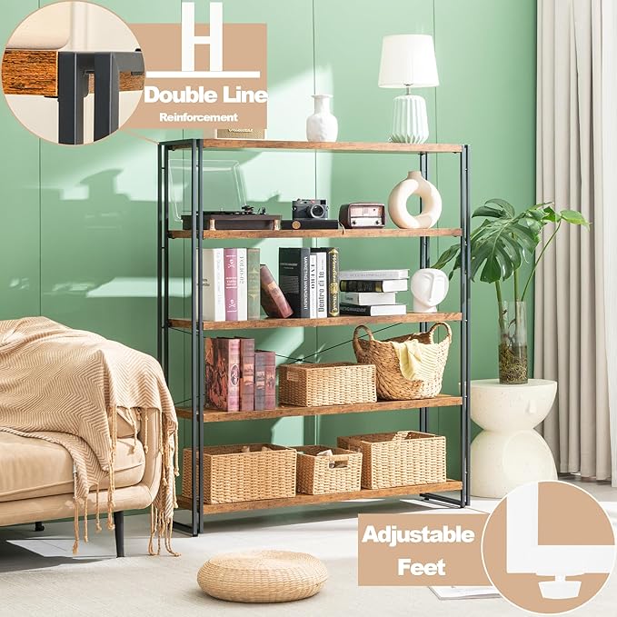 HCHQHS Bookshelf, 5-Tier Industrial Bookcase, Rustic Open Book Shelf, Freestanding Tall Bookshelves with Metal Frame - LeafyLoom