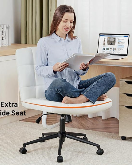 Furniliving Home Office Desk Chair with Wheels,Criss Cross Legged Wide Chair Armless Height Adjustable Chair with Mid Back PU-Padded Swivel Accent Vanity Chairs,IvoryWhite - LeafyLoom