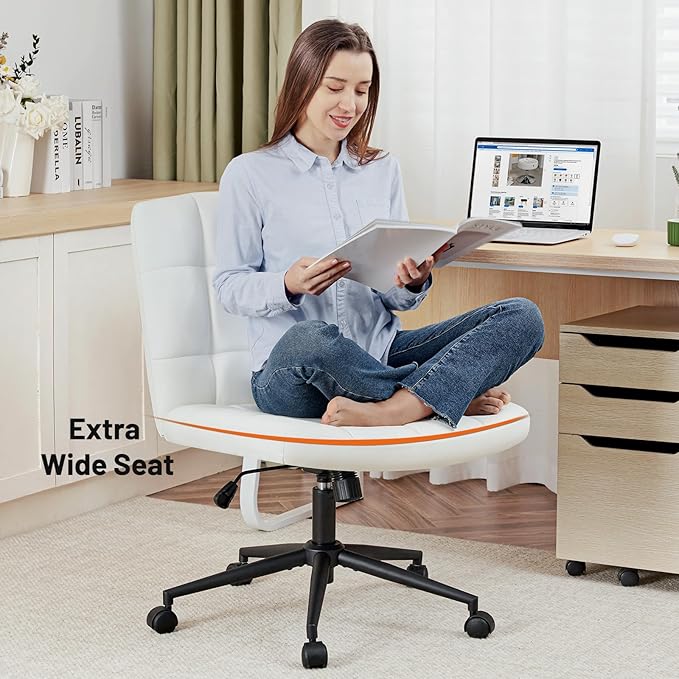 Furniliving Home Office Desk Chair with Wheels,Criss Cross Legged Wide Chair Armless Height Adjustable Chair with Mid Back PU-Padded Swivel Accent Vanity Chairs,IvoryWhite - LeafyLoom