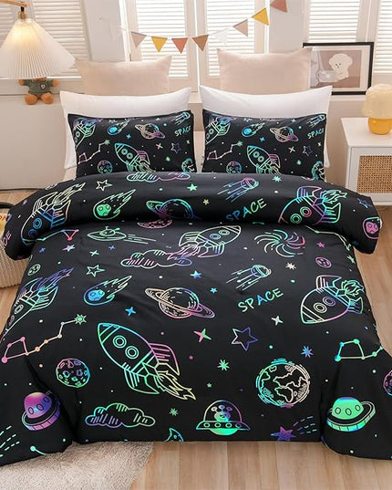 Aimuan Space Bedding Twin Bed Comforter Kids Rocket Bedding Set Super Soft & Cute Aliens UFO Printed for Boys Girls Teen (Black, Twin) - LeafyLoom