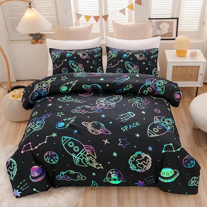 Aimuan Space Bedding Twin Bed Comforter Kids Rocket Bedding Set Super Soft & Cute Aliens UFO Printed for Boys Girls Teen (Black, Twin) - LeafyLoom