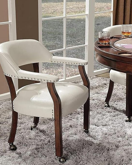 Large Dining Chairs with Casters and Arms, Rolling Dining Chairs with Wheels, Accent Game Poker Chairs, Wood Boss Caption's Chairs, 26“Dx25.2 Wx31.5“H, Cherry Legs & Ivory PU, SY-1533-WT - LeafyLoom