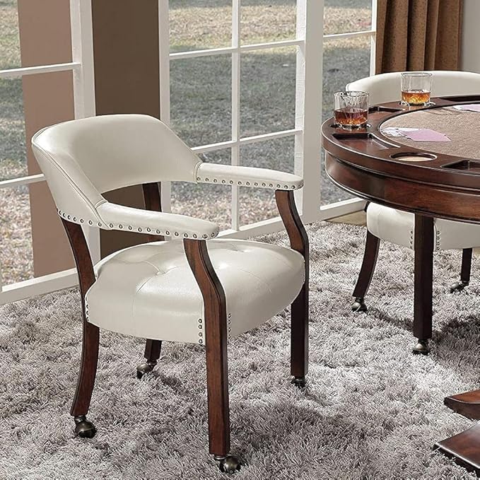 Large Dining Chairs with Casters and Arms, Rolling Dining Chairs with Wheels, Accent Game Poker Chairs, Wood Boss Caption's Chairs, 26“Dx25.2 Wx31.5“H, Cherry Legs & Ivory PU, SY-1533-WT - LeafyLoom