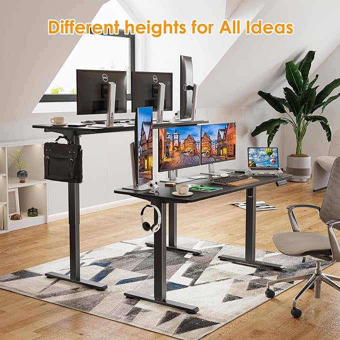 STARY Electric Adjustable Height Sit Stand Home Office Desk with Splice Board, 55x24, Black Desktop/Black Frame - LeafyLoom