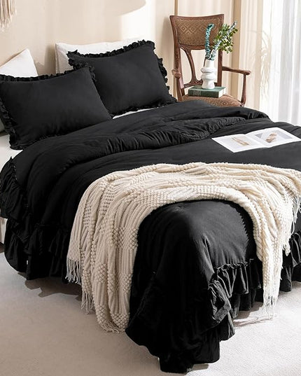 Black Ruffled Comforter King,Shabby Boho Chic Farmhouse King Bedding Comforter 3 Pieces Vintage Ultra Soft Rustic Bedding for All Season - LeafyLoom