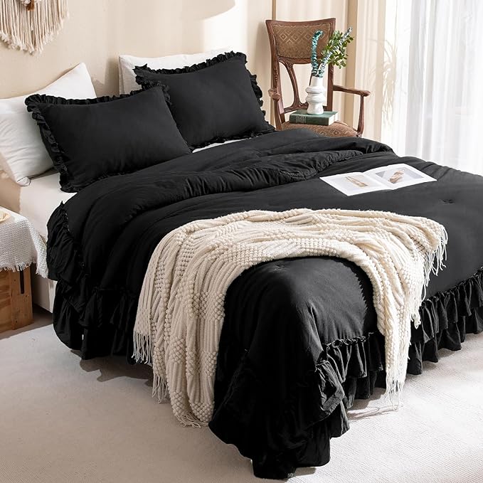 Black Ruffled Comforter King,Shabby Boho Chic Farmhouse King Bedding Comforter 3 Pieces Vintage Ultra Soft Rustic Bedding for All Season - LeafyLoom