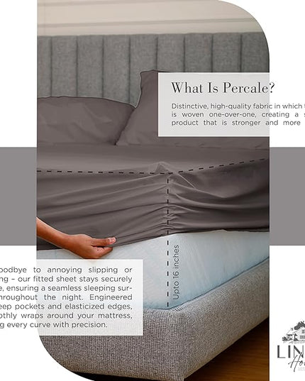 100% Cotton Percale Sheets California King Size, Charcoal, Deep Pocket, 4 Pieces Sheet Set - 1 Flat, 1 Deep Pocket Fitted Sheet and 2 Pillowcases, Crisp Cool and Strong Bed Linen - LeafyLoom