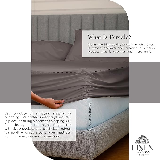 100% Cotton Percale Sheets California King Size, Charcoal, Deep Pocket, 4 Pieces Sheet Set - 1 Flat, 1 Deep Pocket Fitted Sheet and 2 Pillowcases, Crisp Cool and Strong Bed Linen - LeafyLoom
