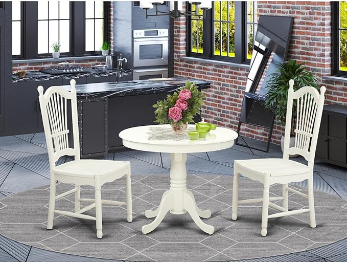 East West Furniture ANDO3-LWH-W Antique 3 Piece Dinette Set for Small Spaces Contains a Round Kitchen Table with Pedestal and 2 Dining Chairs, 36x36 Inch - LeafyLoom