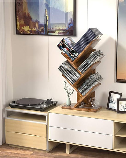Topfurny Tree Bookshelf, 4-Tier Book Storage Organizer Shelves Floor Standing Bookcase, Wood Storage Rack for Office Home School Shelf Display for Cd/Magazine/Book - Rustic Brown - LeafyLoom