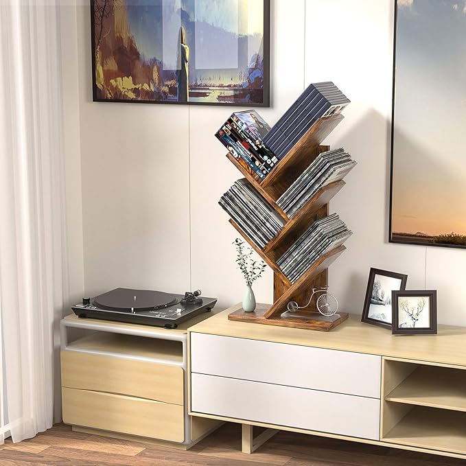 Topfurny Tree Bookshelf, 4-Tier Book Storage Organizer Shelves Floor Standing Bookcase, Wood Storage Rack for Office Home School Shelf Display for Cd/Magazine/Book - Rustic Brown - LeafyLoom