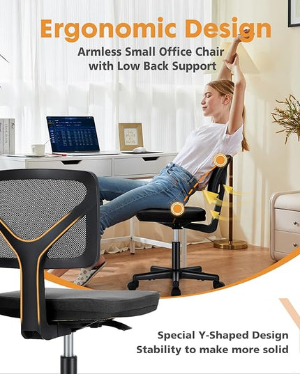 Sweetcrispy Armless Desk Chair - Small Home Office Chair with Wheels, Mesh Low Back Task Chair with Lumbar Support and Wheels, Adjustable Height 360° Rolling Swivel Computer Chair without Arm, Black - LeafyLoom