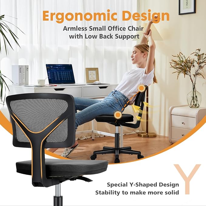 Sweetcrispy Armless Desk Chair - Small Home Office Chair with Wheels, Mesh Low Back Task Chair with Lumbar Support and Wheels, Adjustable Height 360° Rolling Swivel Computer Chair without Arm, Black - LeafyLoom
