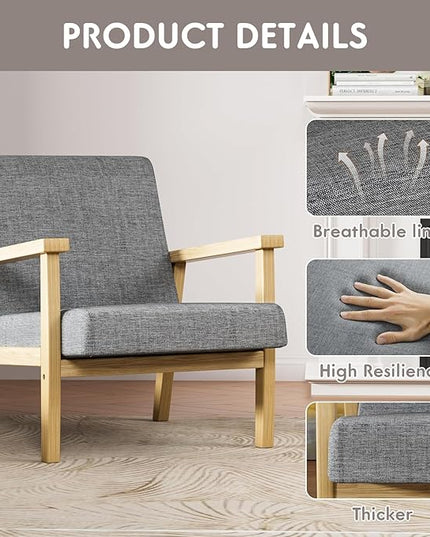 YESHOMY Mid-Century Modern Accent Chair with Solid Wood Frame and Thick Cushion for Living Room, Bedroom, Home Office, Set of 2, Gray - LeafyLoom
