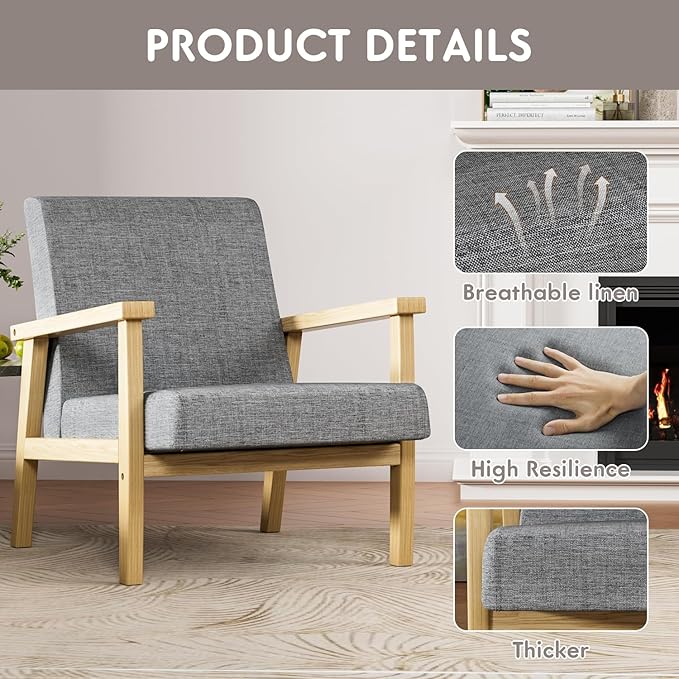 YESHOMY Mid-Century Modern Accent Chair with Solid Wood Frame and Thick Cushion for Living Room, Bedroom, Home Office, Set of 2, Gray - LeafyLoom
