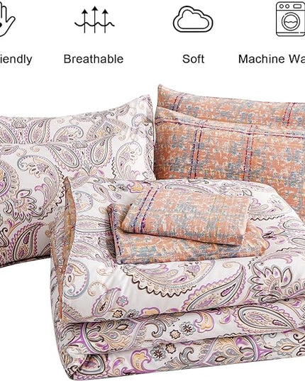 Yiran 7 Pieces Paisley Comforter Set Bed in a Bag Boho Floral Comforter Soft Microfiber Paisley Bedding Set Queen Size 90"×90"(1 Comforter,2 Pillowcases,2 Pillow Shams,1 Flat Sheet,1 Fitted Sheet) - LeafyLoom