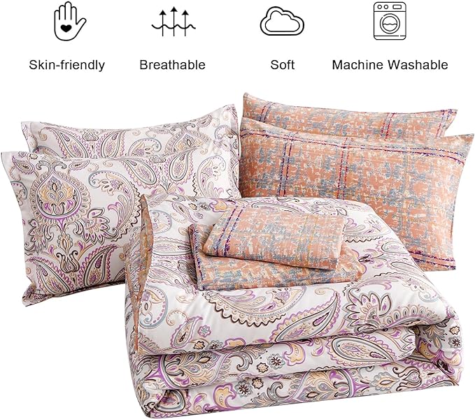 Yiran 7 Pieces Paisley Comforter Set Bed in a Bag Boho Floral Comforter Soft Microfiber Paisley Bedding Set Queen Size 90"×90"(1 Comforter,2 Pillowcases,2 Pillow Shams,1 Flat Sheet,1 Fitted Sheet) - LeafyLoom