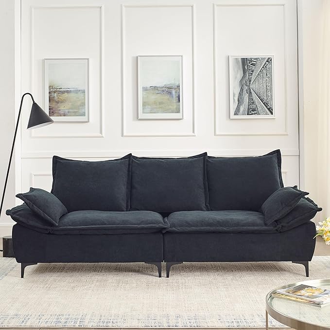 Modern Sleeper Sailboat Sofa Couch Dutch Velvet 3-Seater Cloud Sofa&Couch with Two Pillows for Apartments Office Studio Small Spaces Living Rooms, 88.5", Black-005 - LeafyLoom