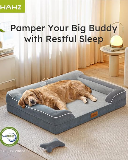 Large Dog Bed, Orthopedic with Cooling Gel Memory Foam, Waterproof with Removable Washable Cover, 36" Dog Sofa Couch Dutch Velvet with Bone Toy, Dark Gray LeafyLoom