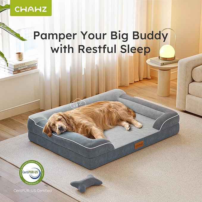 Large Dog Bed, Orthopedic with Cooling Gel Memory Foam, Waterproof with Removable Washable Cover, 36" Dog Sofa Couch Dutch Velvet with Bone Toy, Dark Gray LeafyLoom