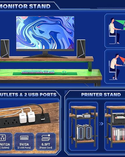 Unikito Double Computer Desk with LED Strip and Power Outlet, 2 Person Desk with Monitor Stand and Storage, Ergonomic Computer Desk with Printer Stand for Home Office, Long Gaming desk, Rustic Brown - LeafyLoom