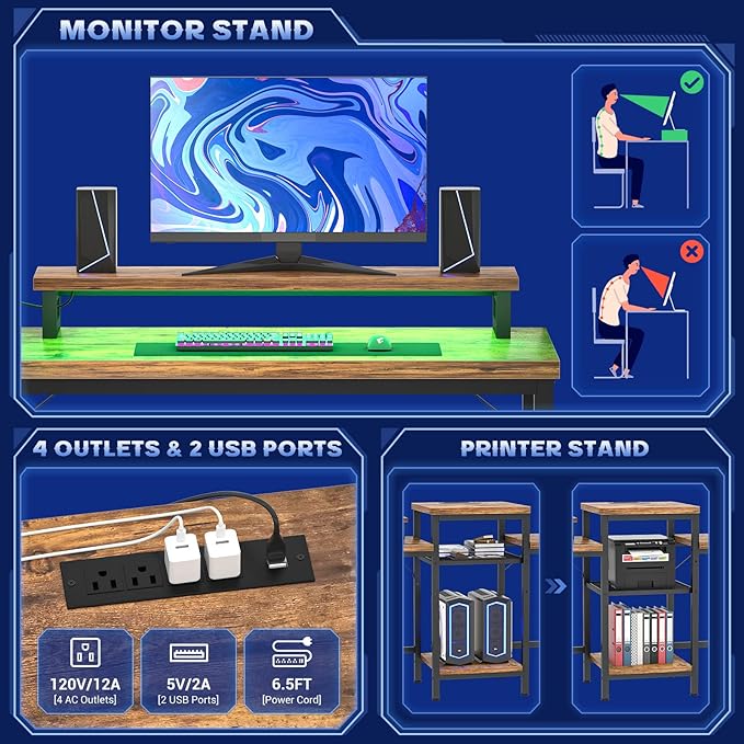 Unikito Double Computer Desk with LED Strip and Power Outlet, 2 Person Desk with Monitor Stand and Storage, Ergonomic Computer Desk with Printer Stand for Home Office, Long Gaming desk, Rustic Brown - LeafyLoom