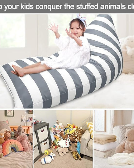 Jorbest Bean Bag Stuffed Animal Storage, Luxury Velvet Bean Bag Covers Only without Filling, Stuffed Animal Bean Bag Storage, Bean Bag Chair for Adults and Kids, (Stripe White Gray, 200L/52 Gal) - LeafyLoom