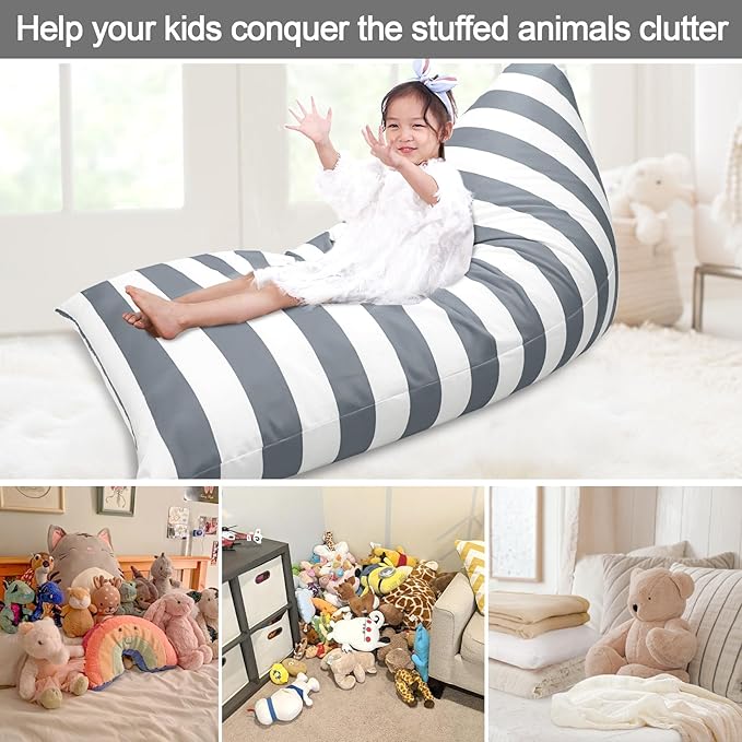 Jorbest Bean Bag Stuffed Animal Storage, Luxury Velvet Bean Bag Covers Only without Filling, Stuffed Animal Bean Bag Storage, Bean Bag Chair for Adults and Kids, (Stripe White Gray, 200L/52 Gal) - LeafyLoom