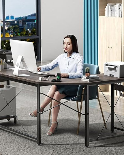 Coleshome 66" L Shaped Gaming Desk with Outlet, L Shaped Desk with CPU Stand, Corner Computer Desk, Home Office Desk, Writing Desk, Grey Oak - LeafyLoom