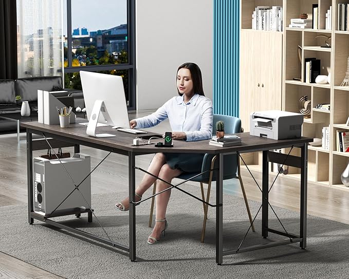 Coleshome 66" L Shaped Gaming Desk with Outlet, L Shaped Desk with CPU Stand, Corner Computer Desk, Home Office Desk, Writing Desk, Grey Oak - LeafyLoom